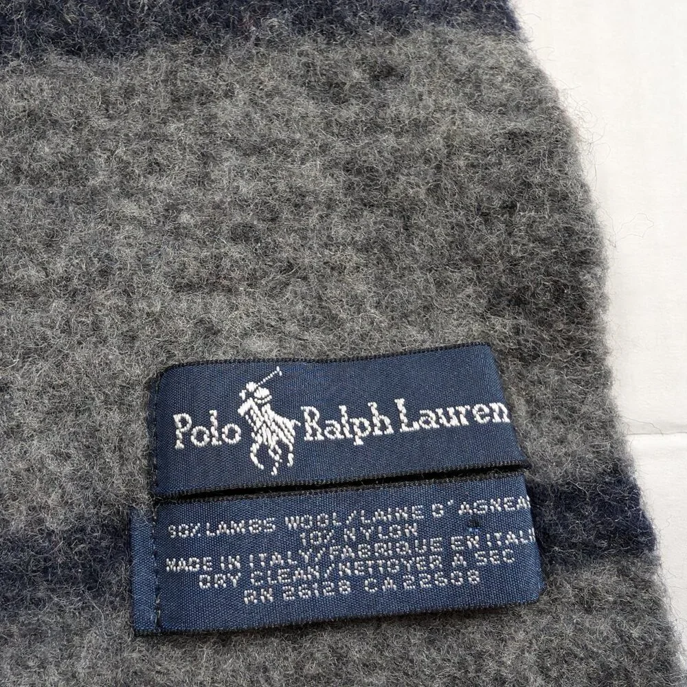 Polo Ralph Lauren Lambs Wool Scarf Grey and Blue Stripes
